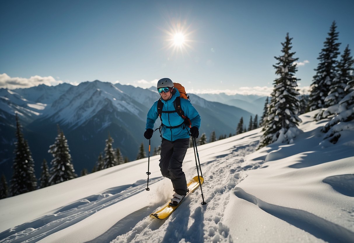 Snowshoers navigate through steep, snowy terrain with avalanche risk. Trees and mountains surround the challenging course