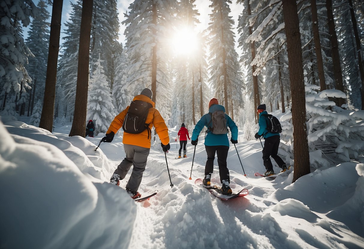 Snowshoers race through a snowy forest, navigating around obstacles and over hills. The sun glistens off the white landscape, creating a winter wonderland