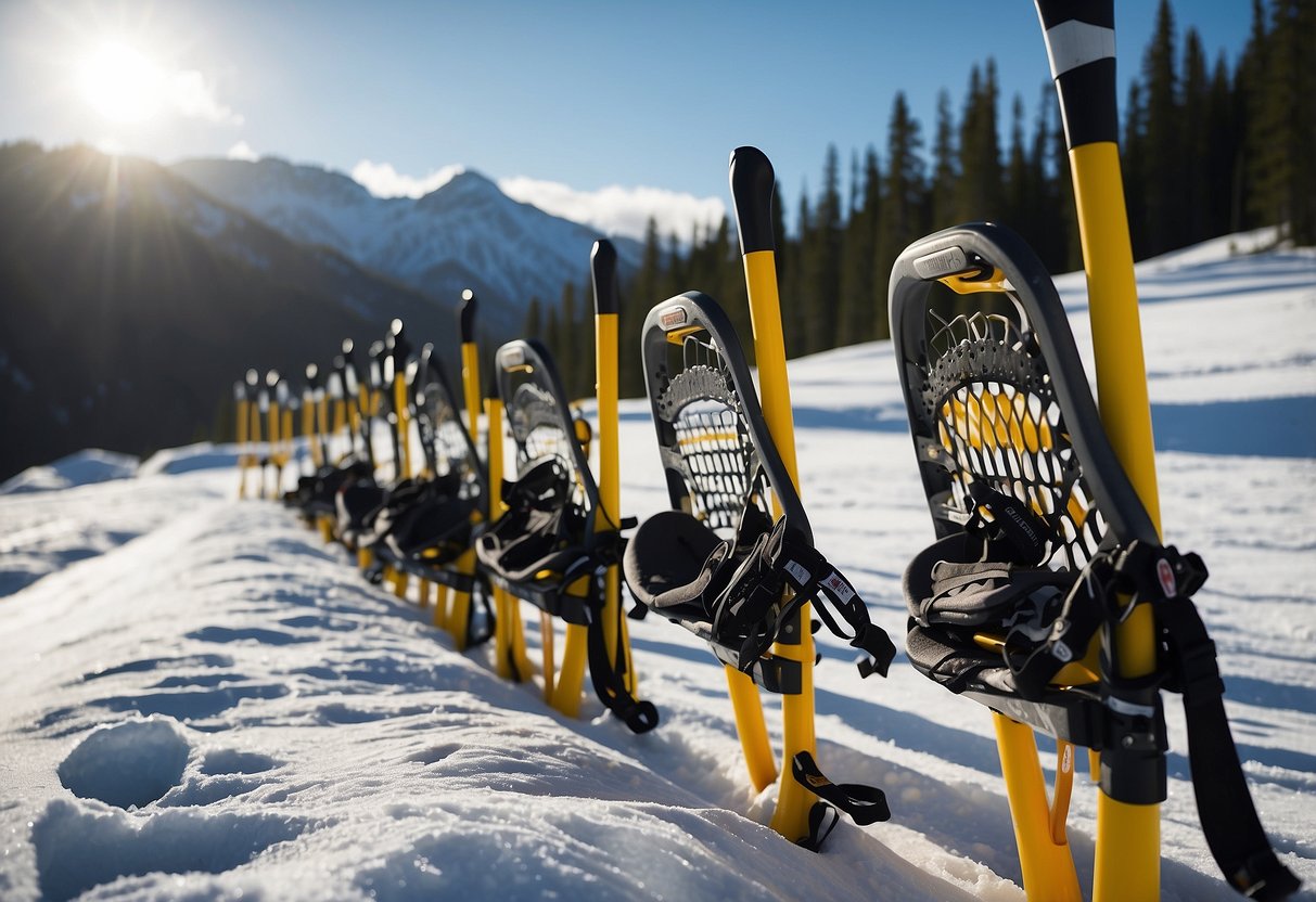 Snowshoes lined up, poles nearby. Snow-covered trail with various obstacles. Safety tips posted on a sign. Mountainous backdrop