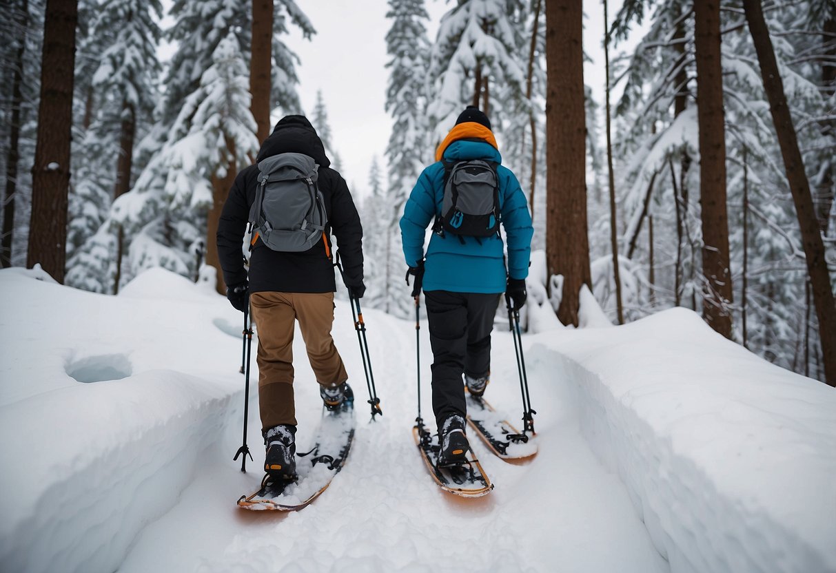 Snowshoes navigating through a forest trail with steep inclines, narrow paths, and deep snow. A group of snowshoers tackling obstacles like fallen trees and icy patches