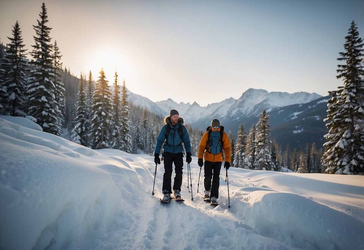 Snowshoers navigate through snowy forest, bear tracks visible. They carry bear spray and make noise. Snow-capped mountains in the background