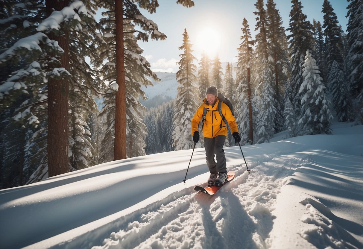 A snowshoer in bright clothing moves through a snowy landscape, surrounded by trees and mountains. The sun reflects off the snow, creating a picturesque scene