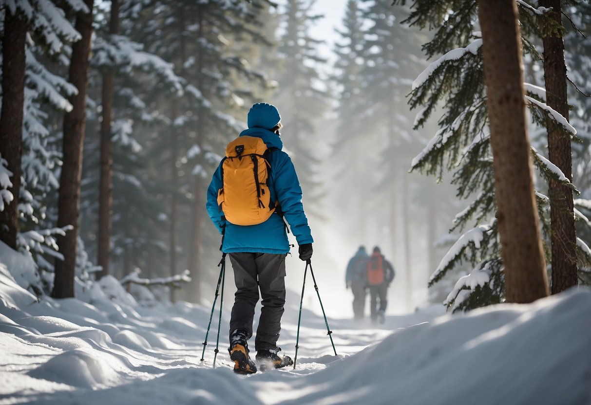 Snowshoers carry bear spray in snowy forest. Tips listed on signpost. Snow-covered trees in background