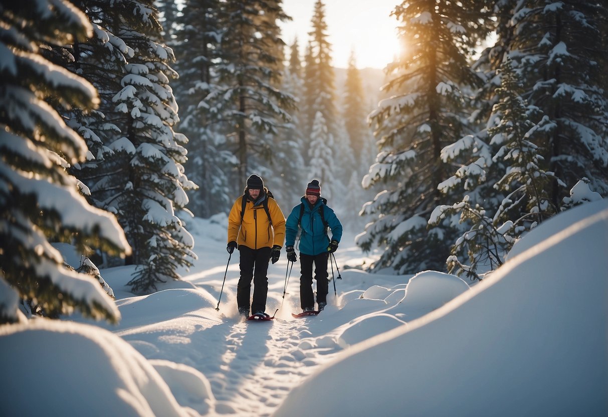 Snowshoers making noise in snowy bear country, following 7 tips