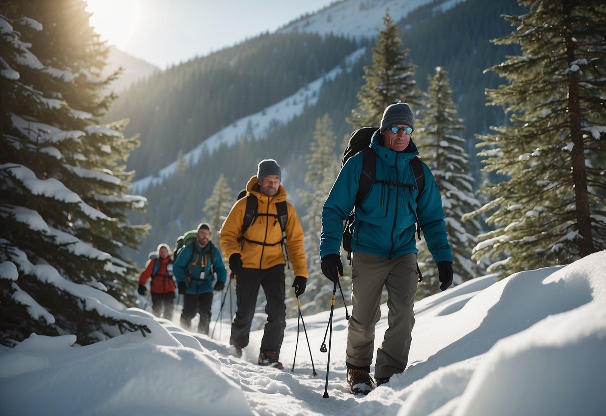 Snowshoers in a group navigate through a snowy forest. They carry bear spray and make noise to alert wildlife. Snow-capped mountains loom in the background