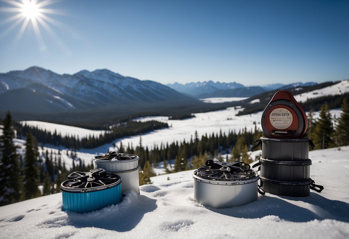 Snowshoes and bear-proof containers arranged in a snowy landscape with a clear sky. A sign with "7 Tips for Snowshoeing in Bear Country" is visible