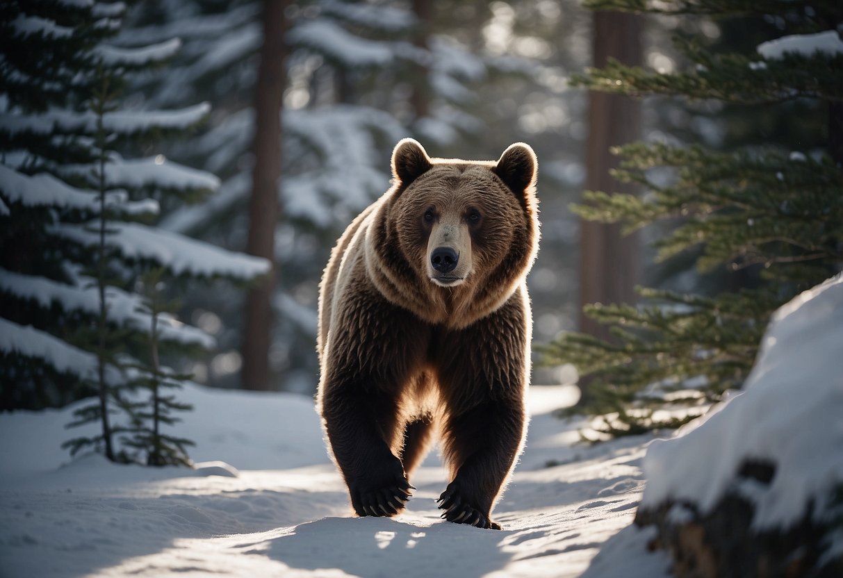 A bear cautiously sniffs the air, ears alert, as snowshoers quietly pass by, following safety tips in bear country