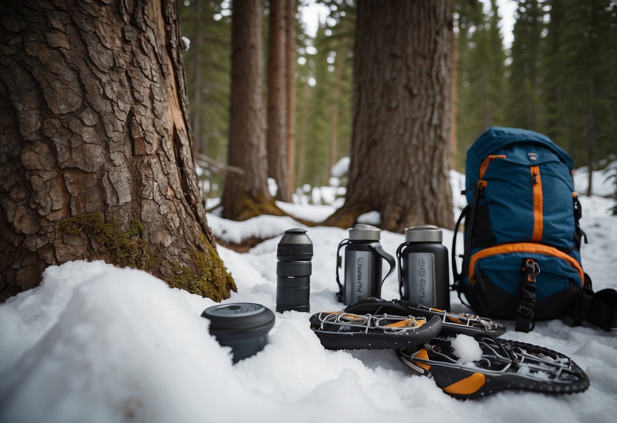 Snowshoes and bear spray lay next to a backpack near a trailhead sign. A bear-proof food container is secured to a tree, while a group of hikers follow a designated path