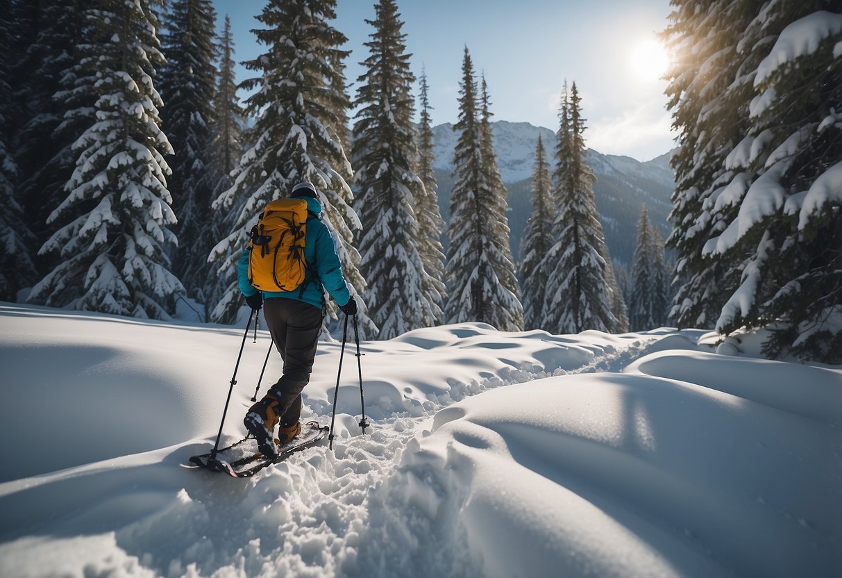 Snowshoer trekking through snowy landscape, surrounded by trees and mountains. Bear tracks visible in the snow. Snowshoes and trekking poles in use