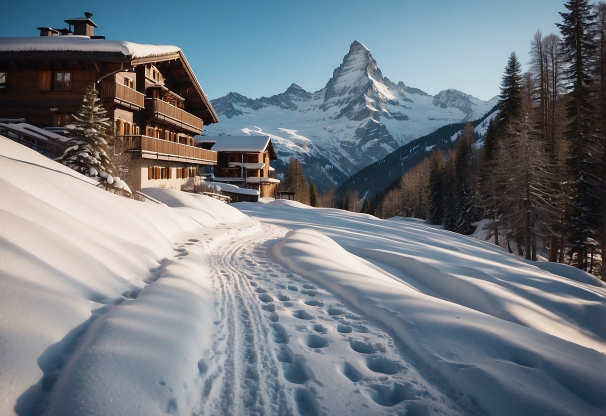 Snow-covered mountains in Zermatt, Switzerland. Snowshoe tracks winding through the pristine white landscape. Pine trees and alpine huts dotting the scenery