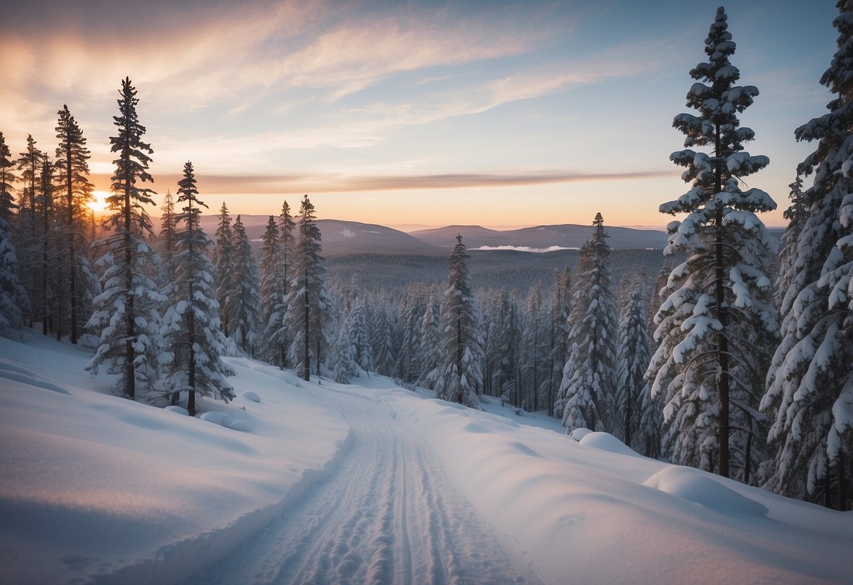 A snowy landscape in Sälen, Sweden with winding trails and towering pine trees, creating a serene and picturesque setting for snowshoeing