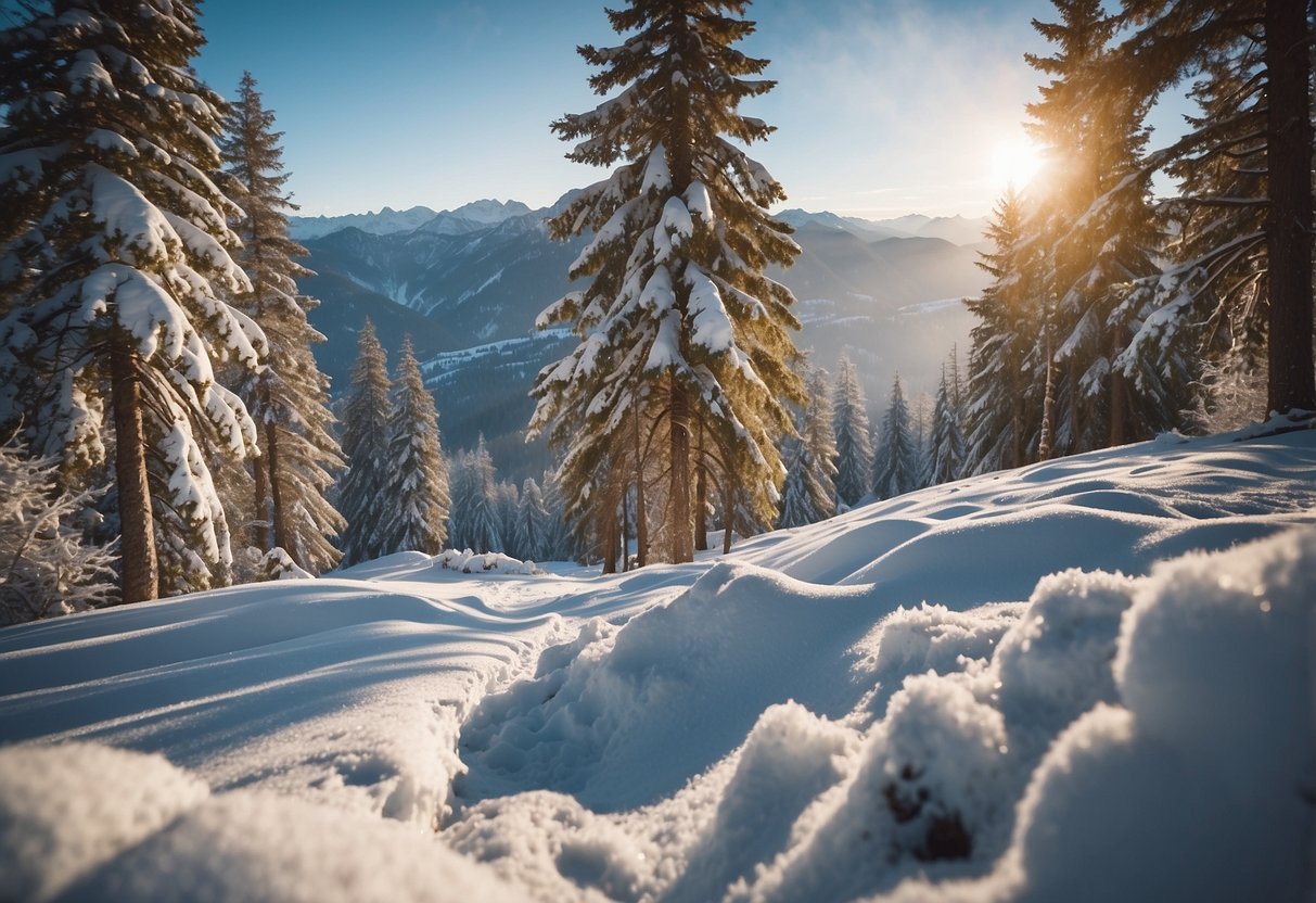 Snow-capped Jura Mountains in Switzerland. Snowshoers trek through pristine white landscapes. Tall pine trees dot the serene winter wonderland