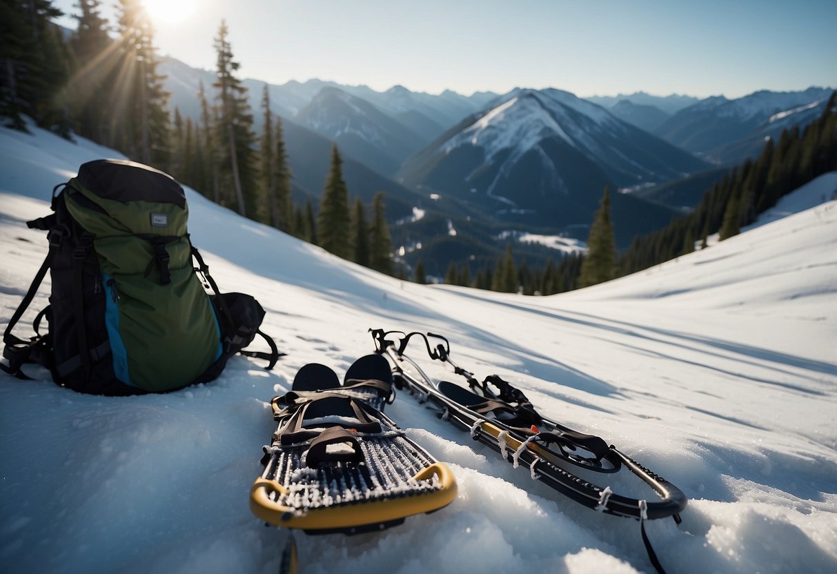 Snowshoes, poles, and backpack laid out in snowy mountain landscape with a clear trail leading into the distance