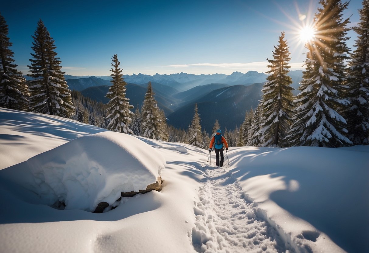 A snowy mountain landscape with winding trails, pine trees, and clear blue skies. Snowshoers are seen navigating the paths, with mountains in the distance