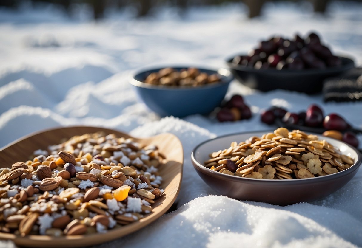 A snowy trail with snowshoes and 10 snack items scattered around: nuts, dried fruit, granola bars, and energy gels