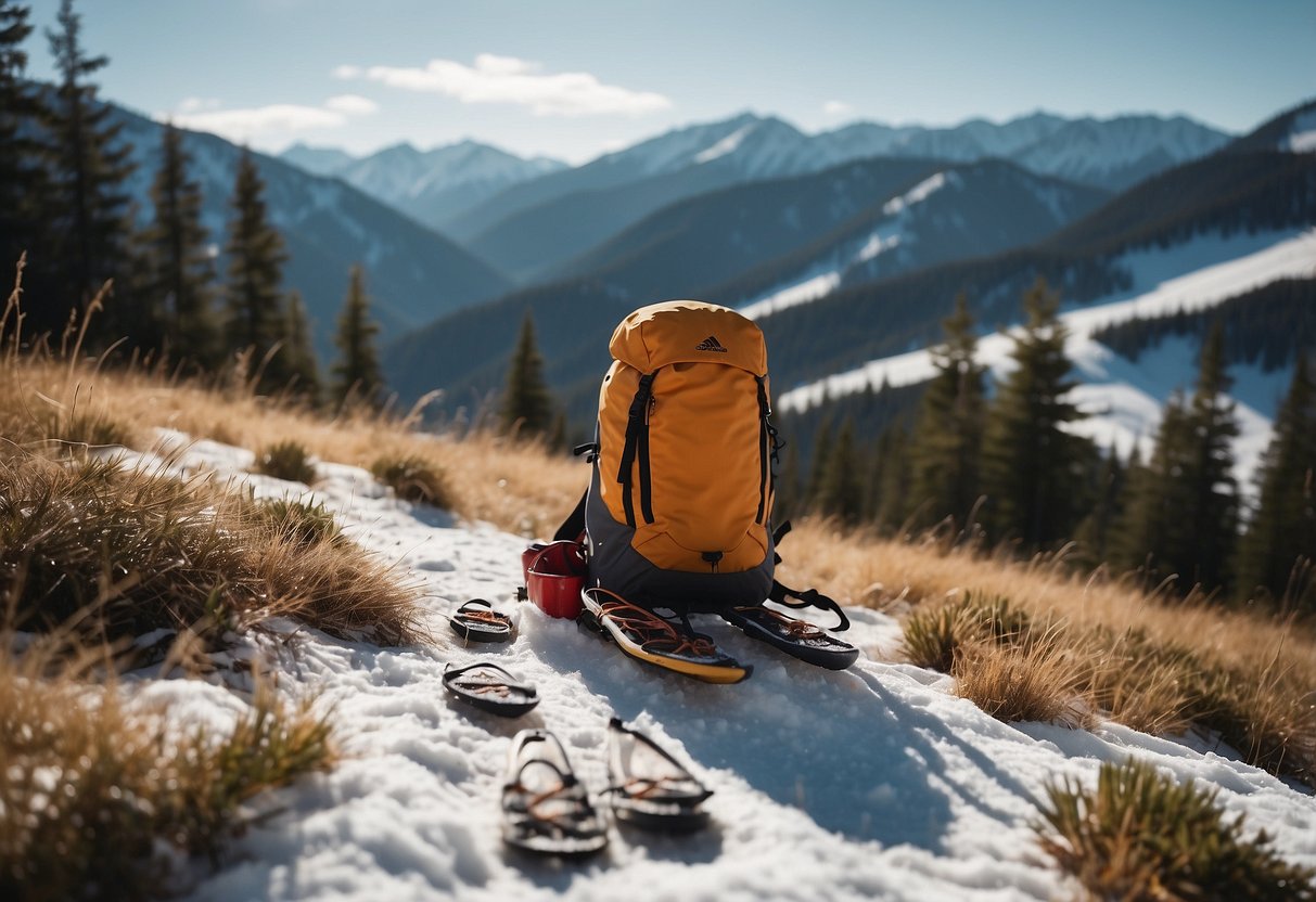 A snowy trail with snowshoes, a backpack, and Kind Fruit & Nut Bars scattered on the ground. Trees and mountains in the background