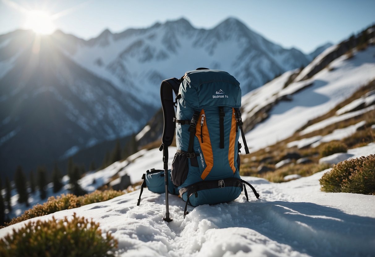 A snowy mountain trail with a backpack open to reveal RXBAR protein bars and other lightweight snacks. Snowshoes and trekking poles are nearby