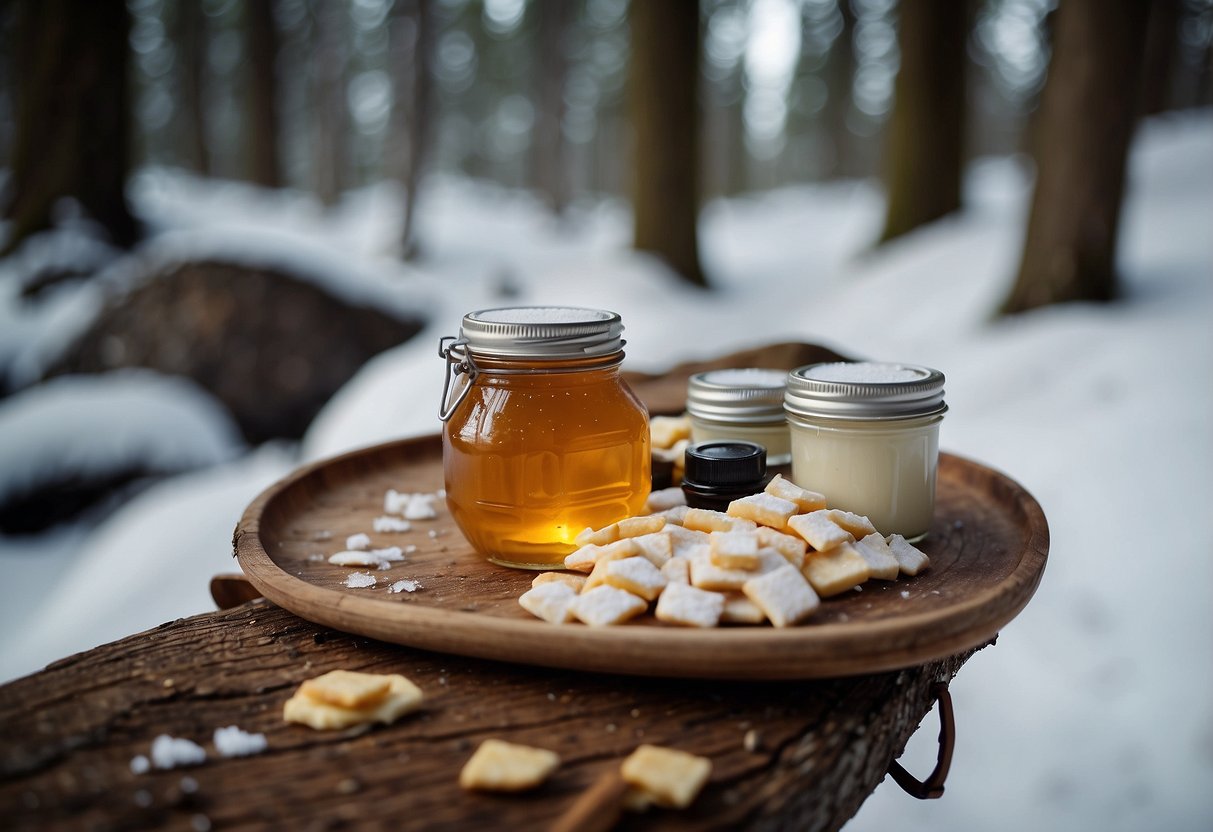 A snowy forest trail with snowshoes and a backpack. A small jar of Trail Butter Maple Syrup Blend sits atop a pile of lightweight snacks