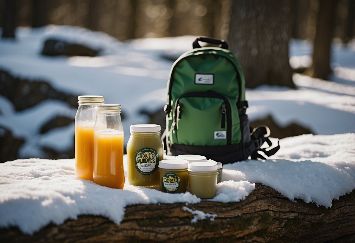 A snowy trail with scattered GoGo squeeZ Applesauce pouches, snowshoes, and a backpack