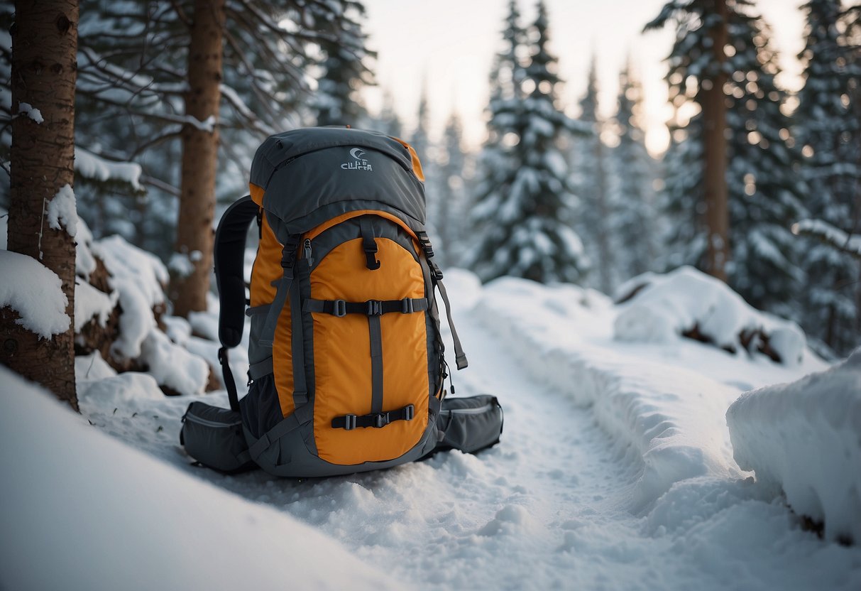 A snowy mountain trail with snowshoes and a backpack. A package of Clif Energy Bloks scattered on the ground. Snow-covered trees in the background