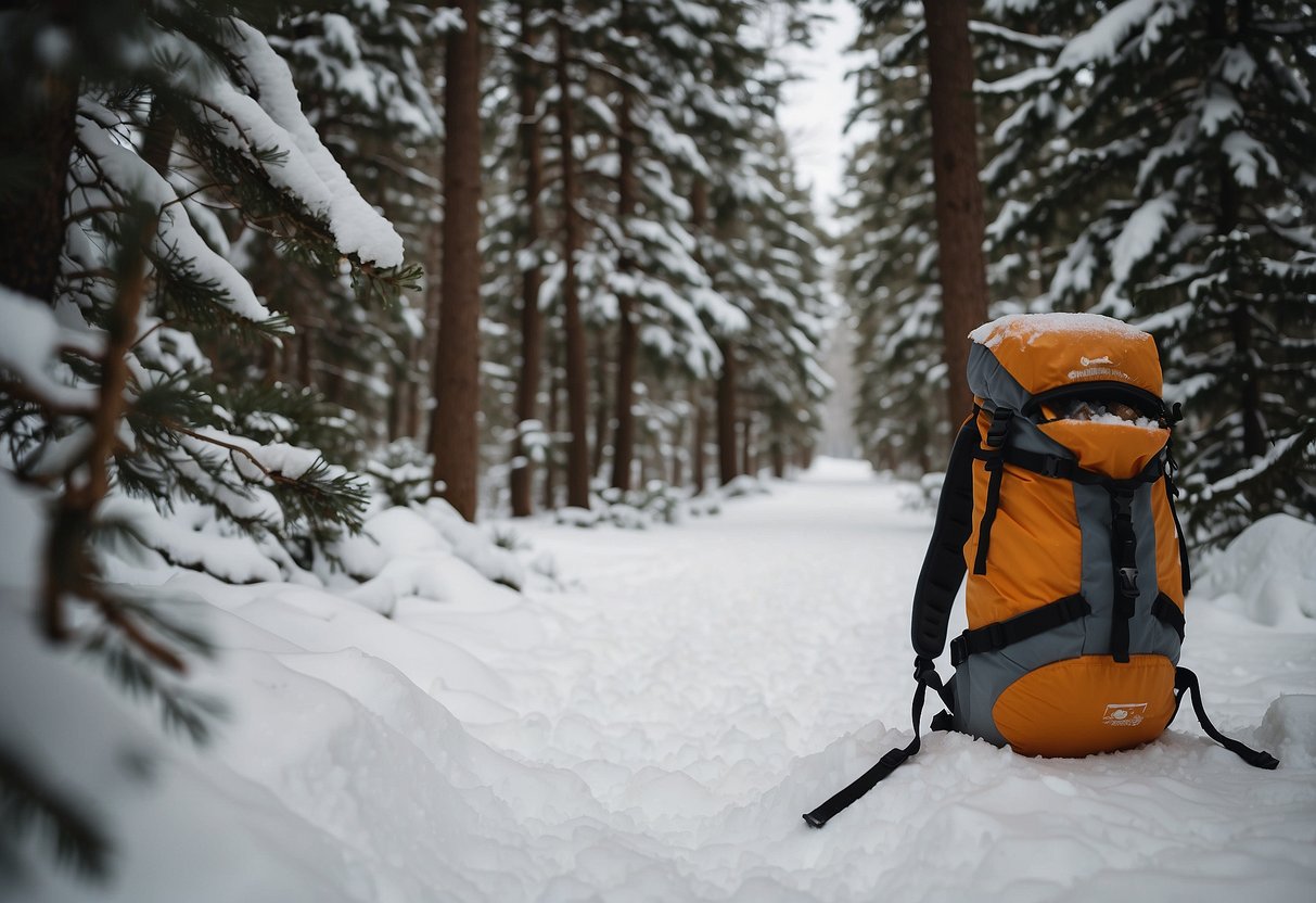 A snowy trail with a backpack open to reveal packets of Justin's Classic Almond Butter. Snowshoes and trees in the background