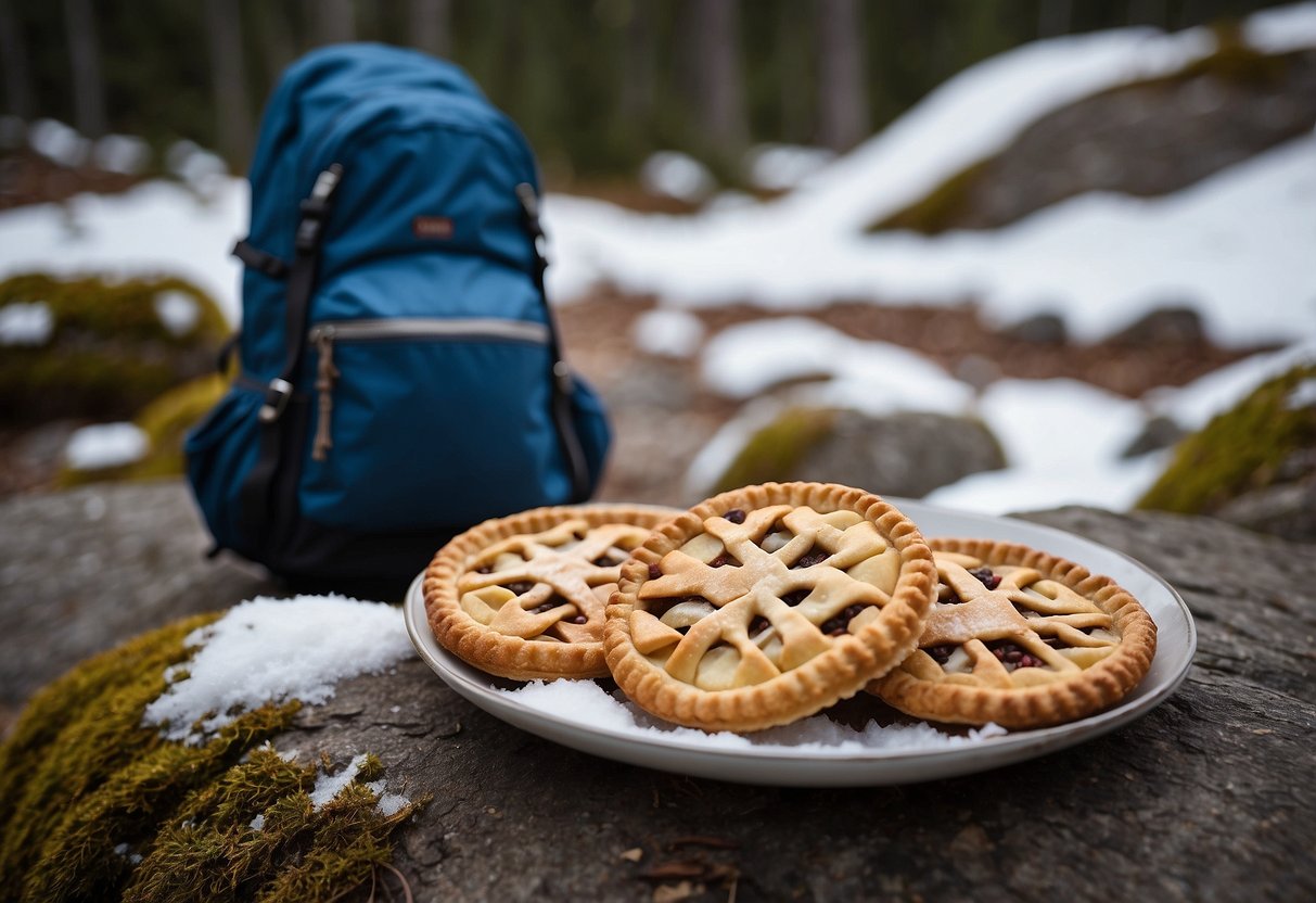 A snowy trail with snowshoes, a backpack, and a LÄRABAR Apple Pie bar resting on a rock