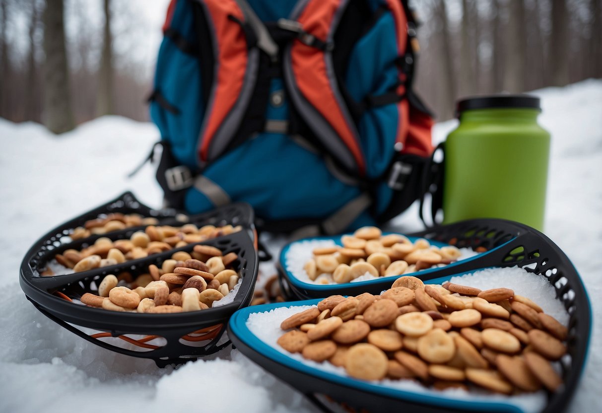 Snowshoes laid out on a snowy trail, with a backpack beside them filled with lightweight snacks like trail mix, energy bars, and dried fruit