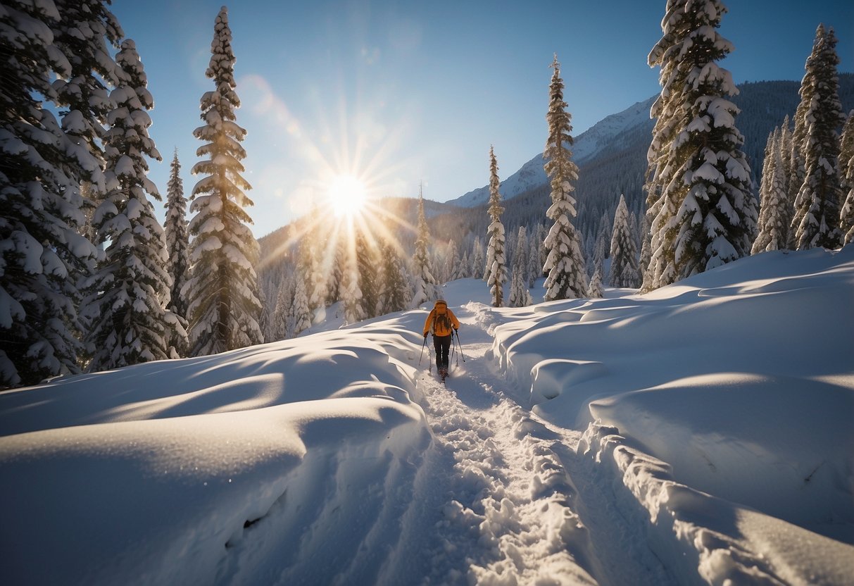 Snowshoers trek through a serene winter landscape, surrounded by snow-covered trees and mountains. The sun glistens off the fresh powder as they follow a trail into the backcountry