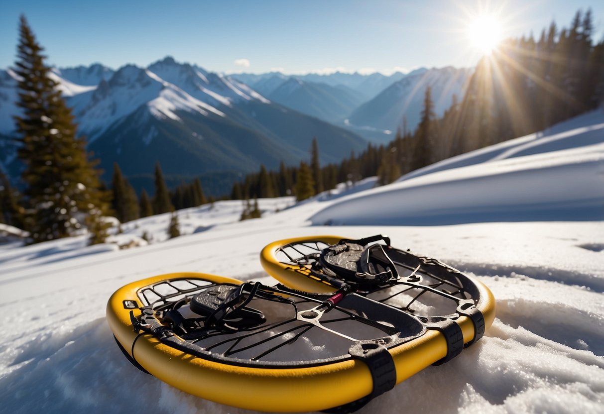 Snowshoes strapped on, map in hand, hiker plans route in snowy backcountry. Trees and mountains in background