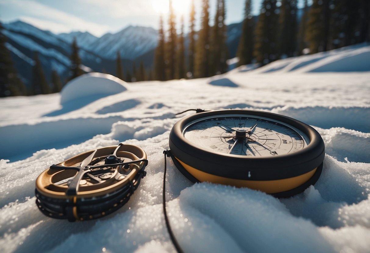 A map and compass lay on the snow next to a pair of snowshoes, surrounded by a serene backcountry landscape with snow-covered trees and distant mountains