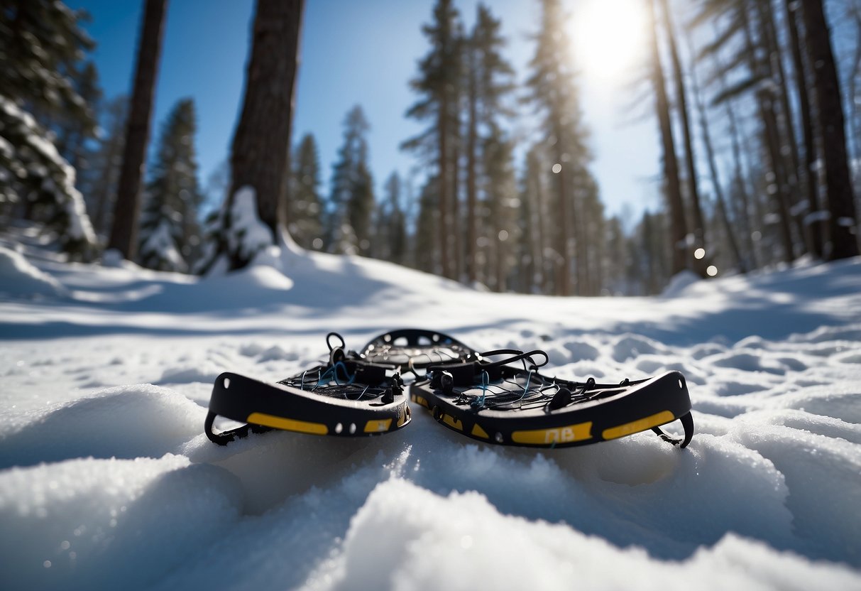 Snowshoes on a snowy trail, surrounded by tall trees and a clear blue sky. Wind blowing gently, with fresh snow covering the ground