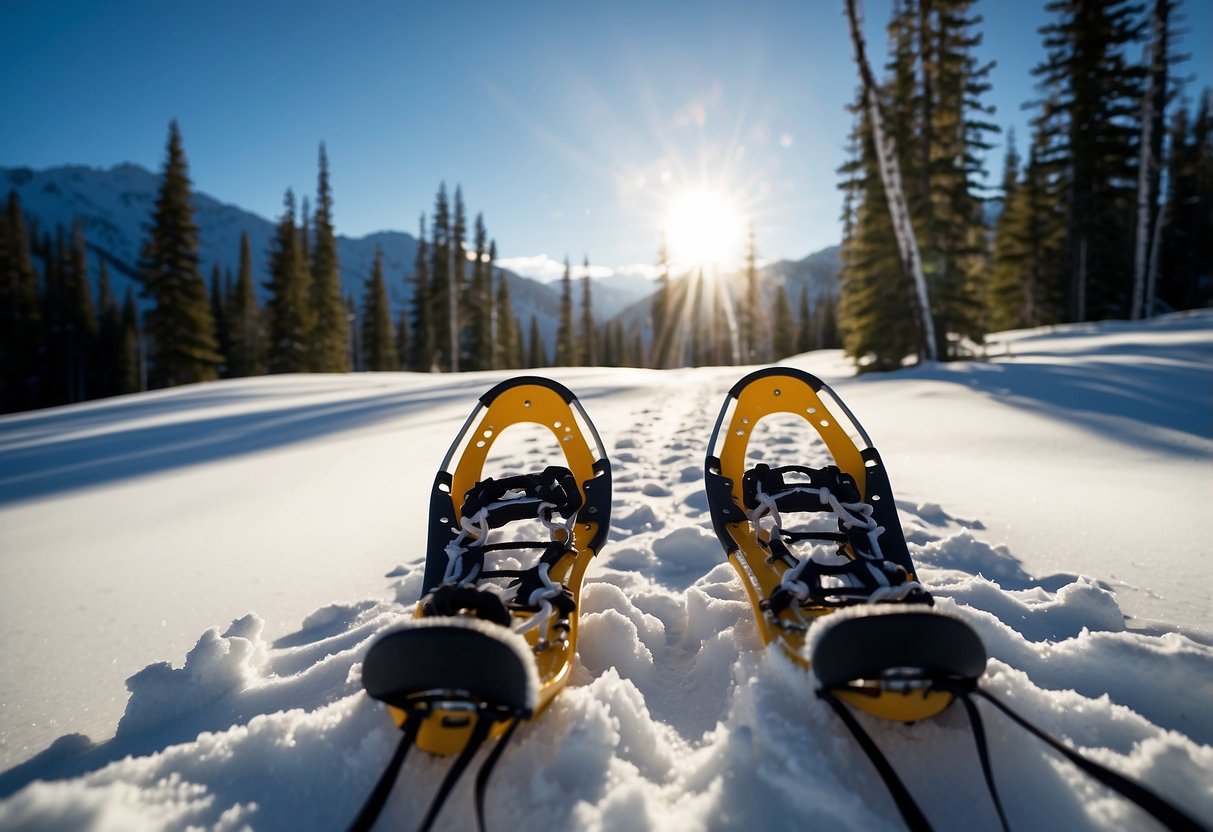 Snowshoes on snowy trail with mountains in background. Trees and blue sky. Use Easy Terrain 7 Tips for Snowshoeing in the Backcountry as title