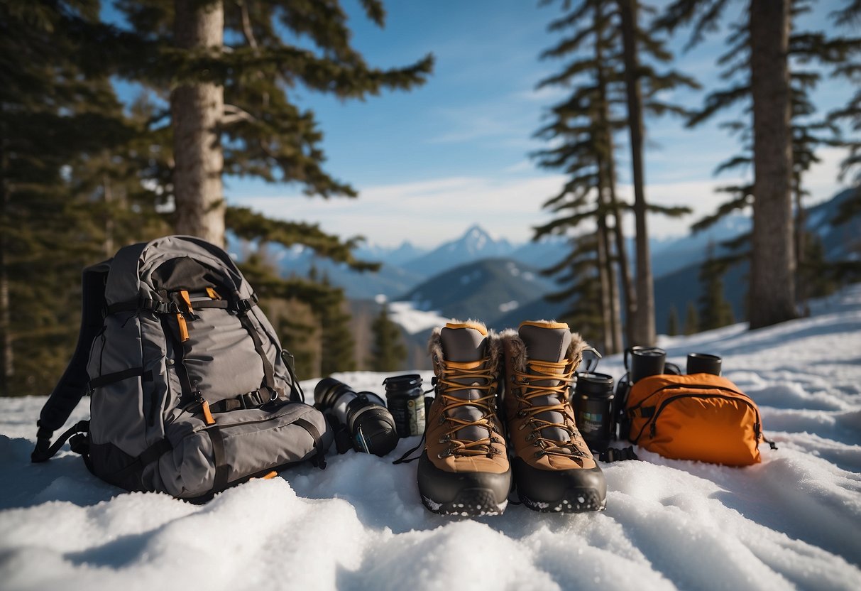 Snowshoeing gear laid out on snow: snowshoes, poles, waterproof boots, layered clothing, backpack, map, compass, and snacks. Winter landscape with trees and mountains in the background