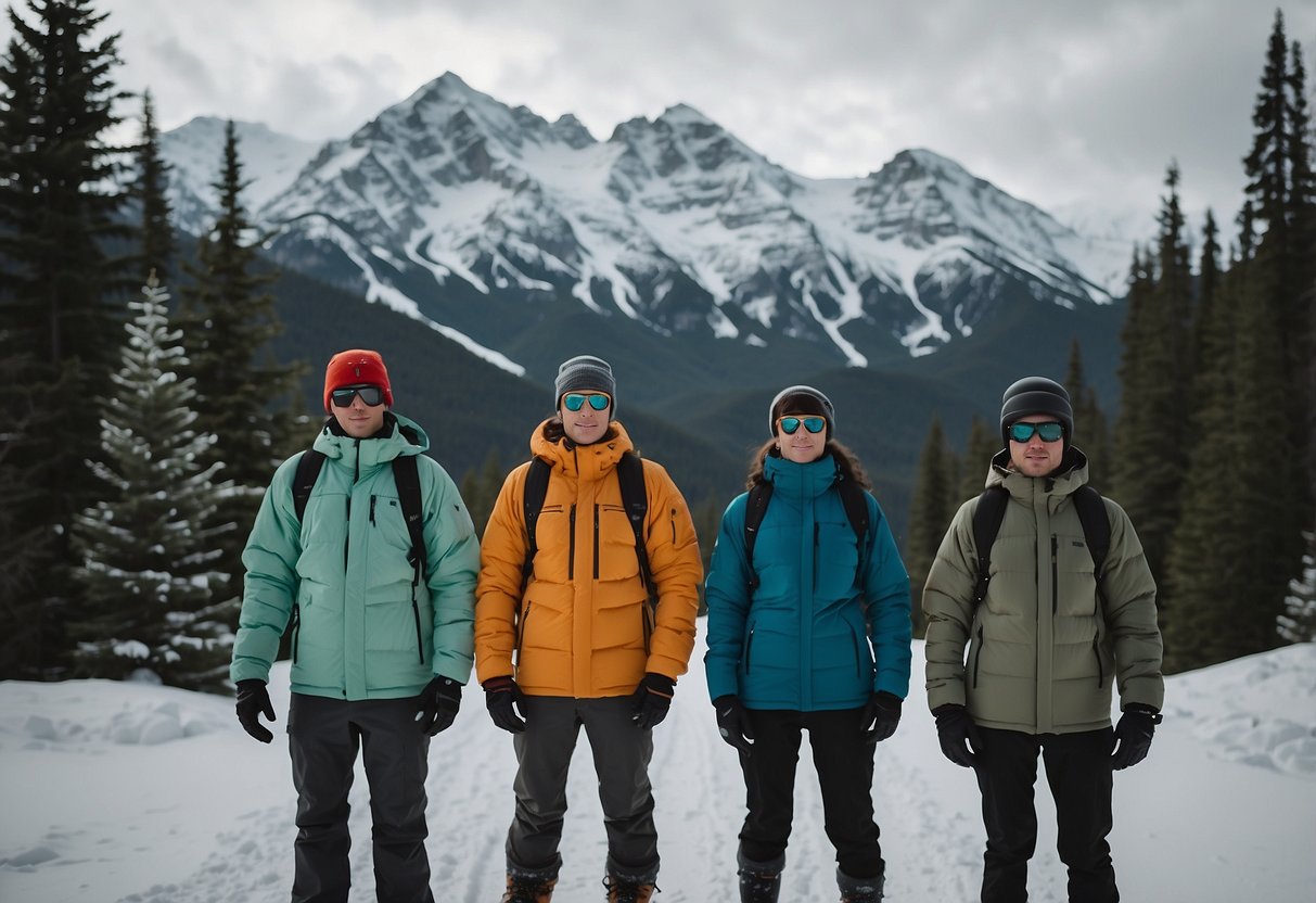 Snowshoers wearing 5 different lightweight jackets, surrounded by snowy mountains and trees