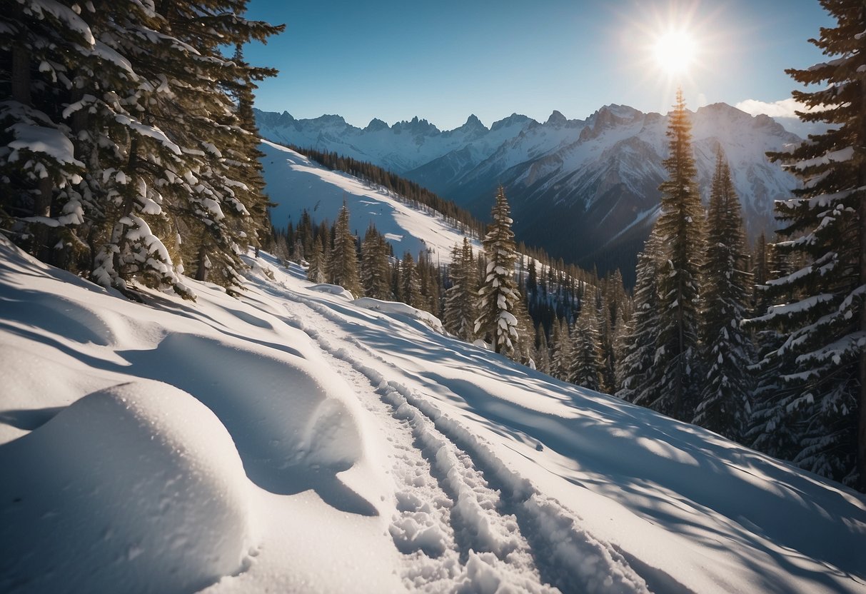 A snowy mountain trail, with a lone Patagonia Men's Nano Puff Jacket hanging from a tree branch, surrounded by snowshoe tracks