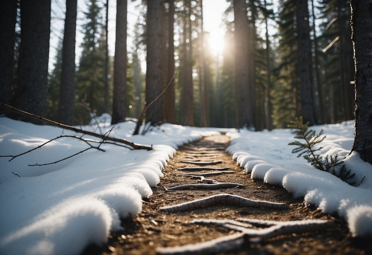 A snowy mountain trail with a lone Arc'teryx Atom LT Hoodie hanging from a tree branch, surrounded by snowshoe tracks