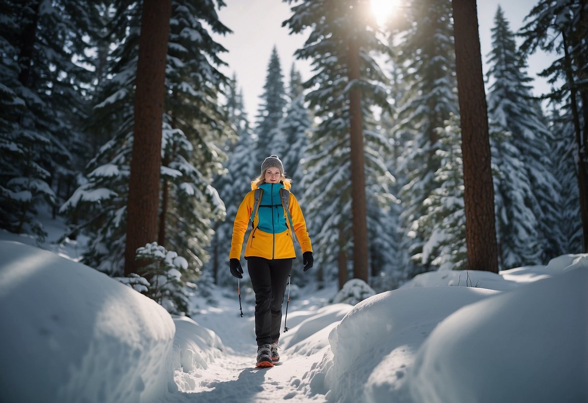 A snowshoer wearing a Columbia Women's Heavenly Long Hybrid Jacket treks through a snowy forest, surrounded by tall evergreen trees and a serene winter landscape