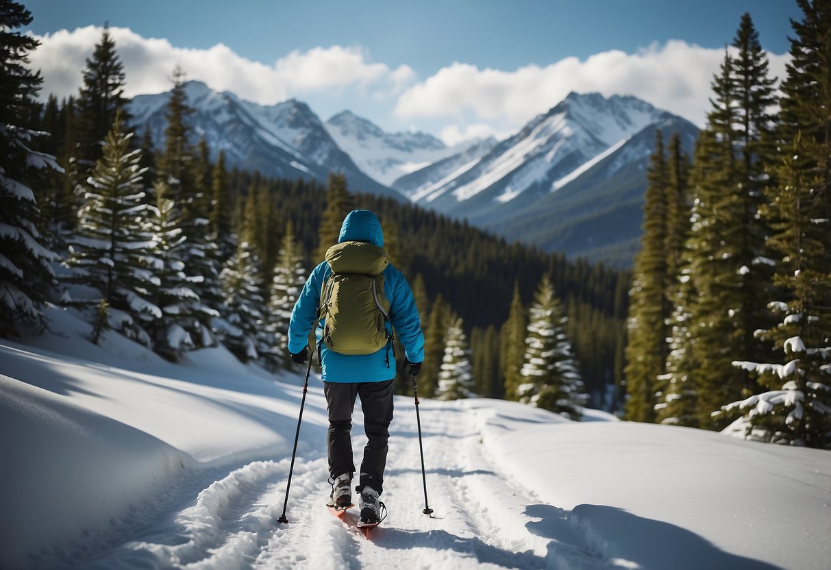 A snowshoer wearing a lightweight jacket on a snowy trail, with trees and mountains in the background. Snowflakes are falling gently, and the jacket is keeping the person warm and dry