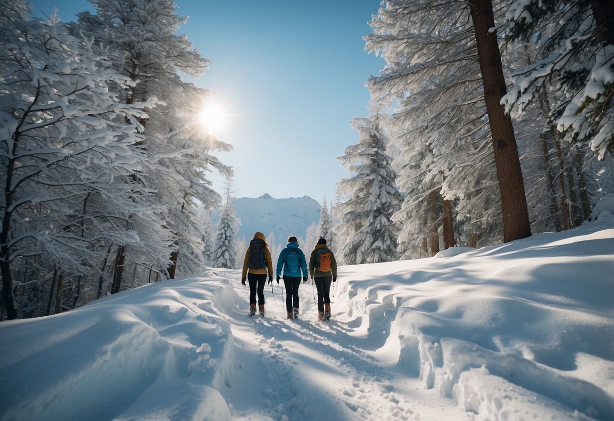 A snowy trail with hikers wearing lightweight jackets, demonstrating proper layering techniques for snowshoeing. Snow-covered trees and a clear blue sky in the background