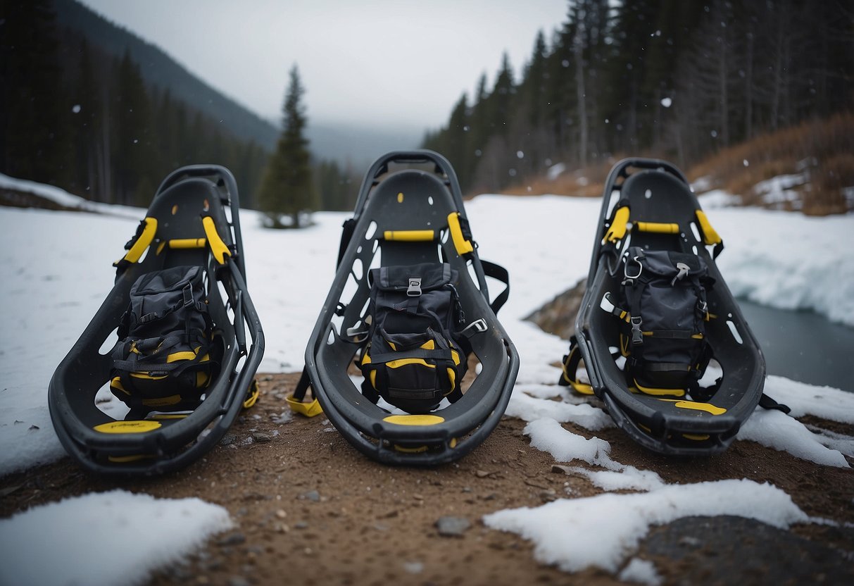 Snowshoes lined up against a dry, sheltered area. Waterproof bags and covers protect gear. Snow falling gently in the background