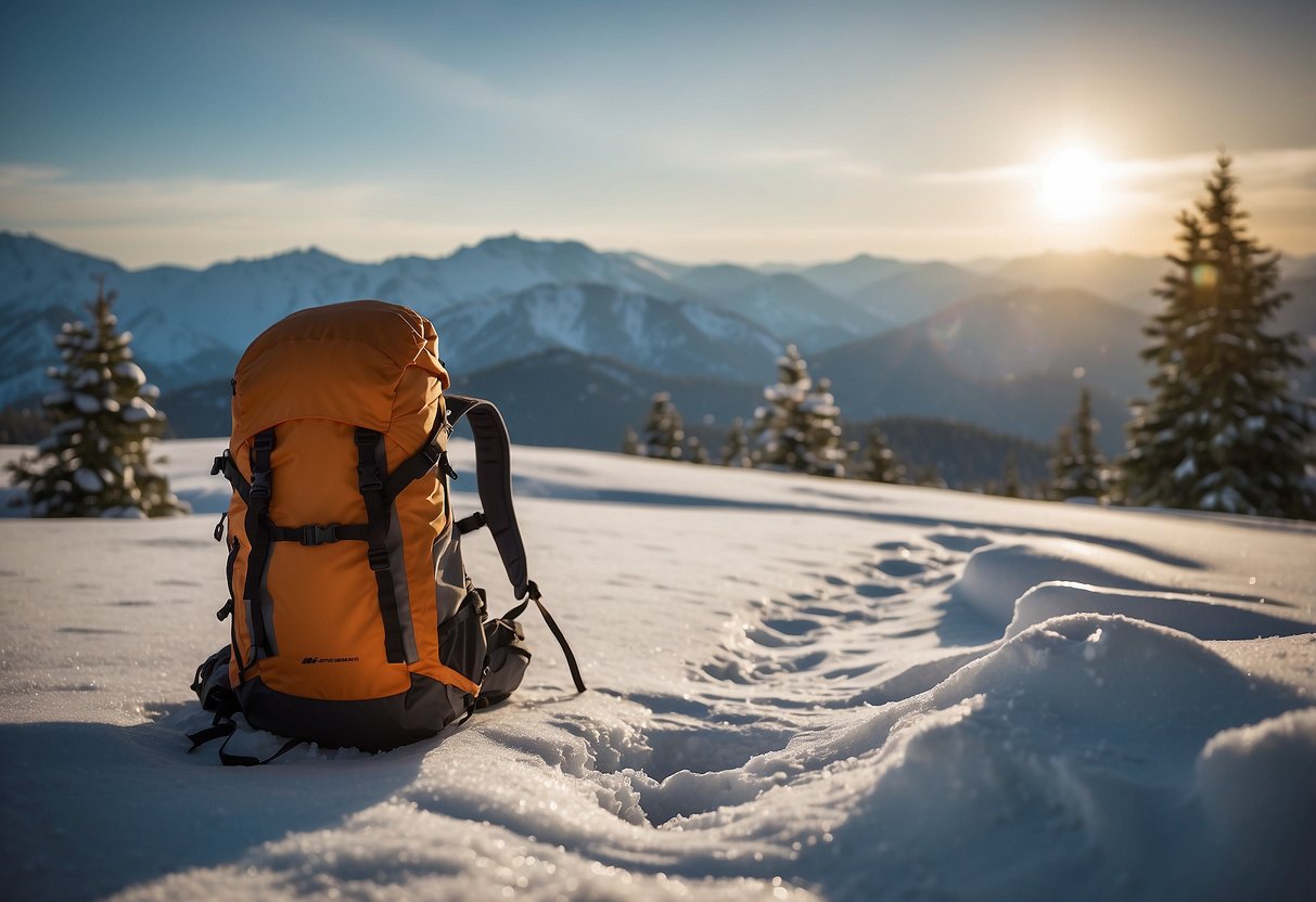 A waterproof backpack cover is shown being used in snowy conditions while snowshoeing. The cover is seen protecting the gear inside from the snow, with snowshoes and snowy landscape in the background