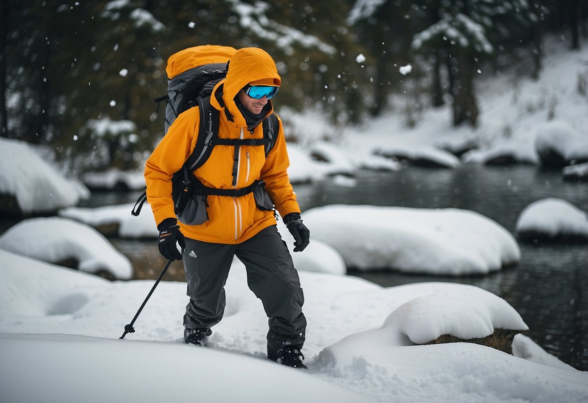 Snowshoer in water-resistant gear, surrounded by snow. Gear includes waterproof jacket, pants, gloves, and boots. Backpack with rain cover. Snowshoes with waterproof bindings. Dry bag for electronics