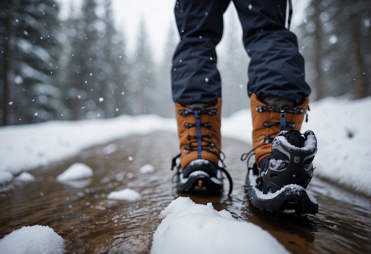 Snowshoes on snowy trail, waterproof boots in foreground. Gear in dry bags strapped to backpack, snow falling gently