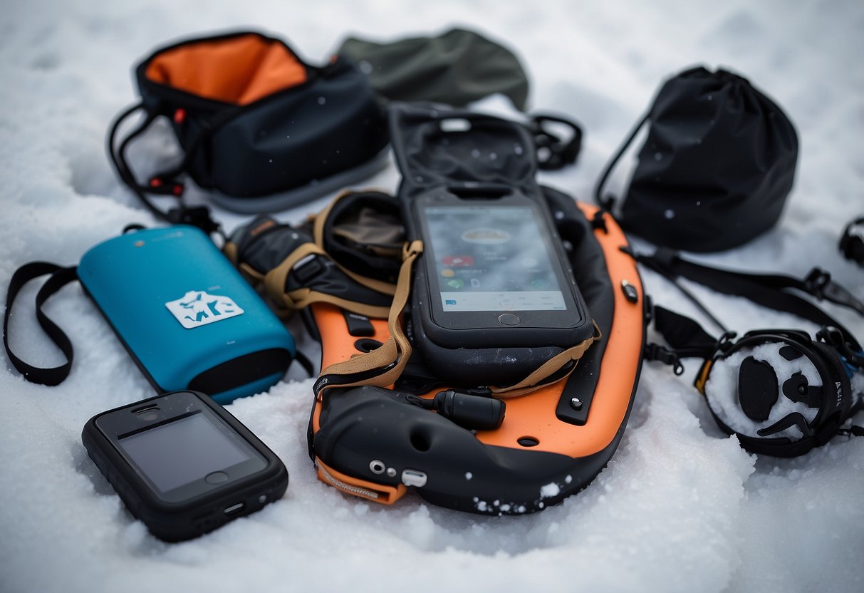 A snowshoer's gear lies on a snowy trail, including a waterproof phone case, surrounded by 10 different methods to keep it dry