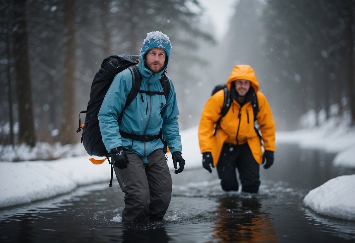 Snowshoer wearing a rain poncho, with gear inside waterproof bags, using a waterproof backpack cover, and securing gear with bungee cords