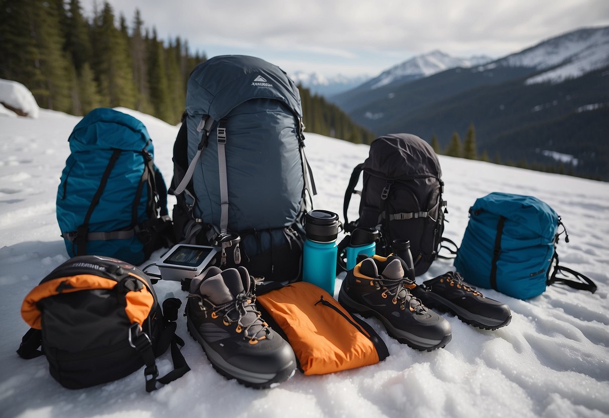 Snowshoeing gear laid out on a snowy landscape, including waterproof backpacks, dry bags, and protective covers for boots and poles