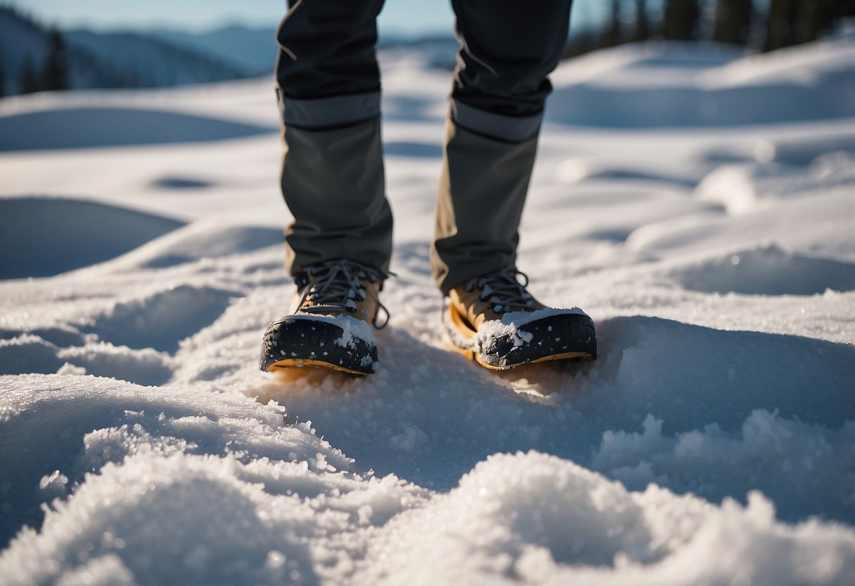 Snowshoes on dry ground, surrounded by snow. Gear packed in waterproof bags. Snow falling gently. Sheltered area with tarp set up. Snowshoer's tracks leading into the distance