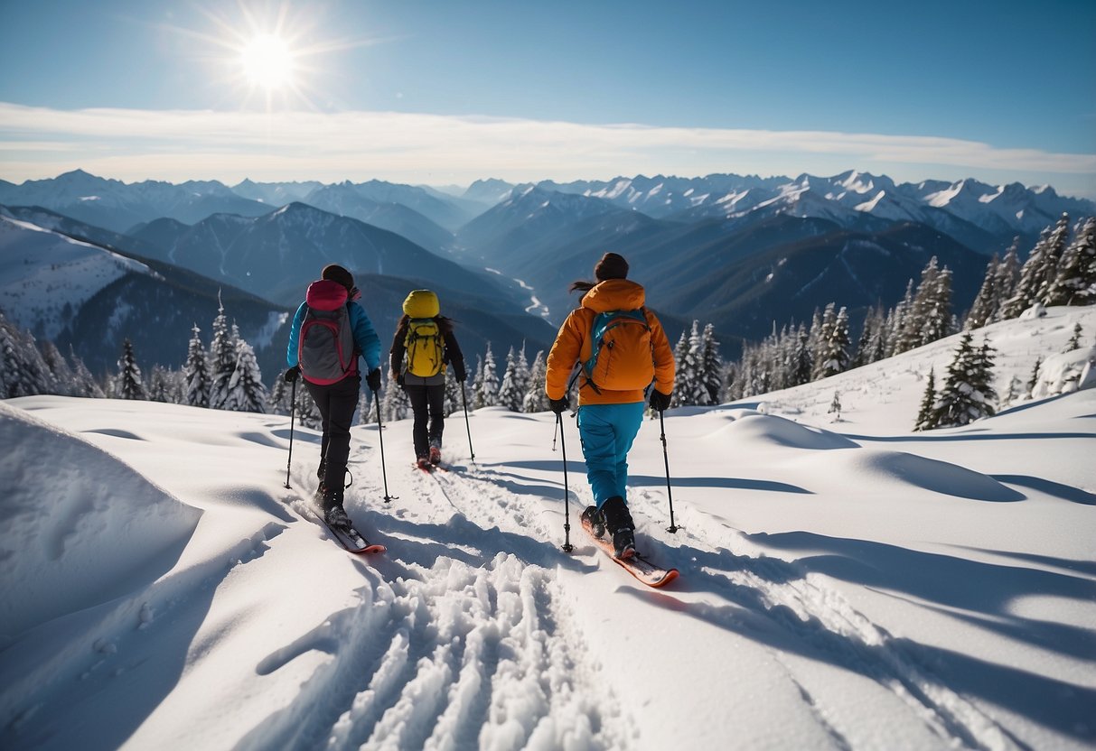 Snowshoers trekking through snowy, mountainous terrain. Clear blue skies, crisp air, and panoramic views. Steep slopes and deep powder. Snow-capped peaks in the distance