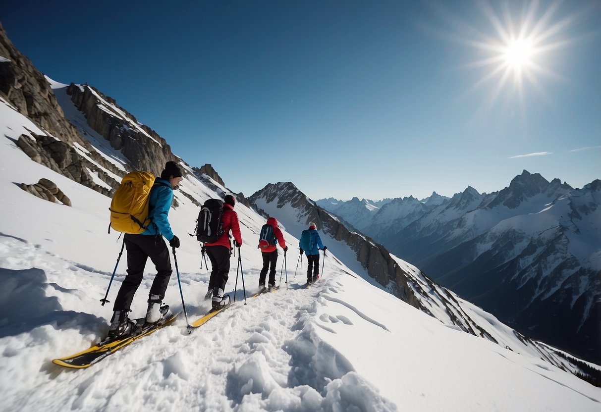 Snowshoers ascend a snowy mountain path, surrounded by towering peaks and a clear blue sky. They pause to catch their breath, adjusting gear and taking in the breathtaking alpine scenery