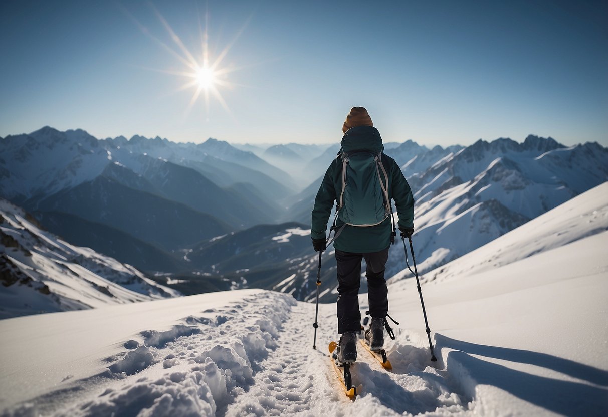 A person wearing lightweight snowshoes hikes through a snowy, high-altitude landscape, following a trail with mountain peaks in the distance